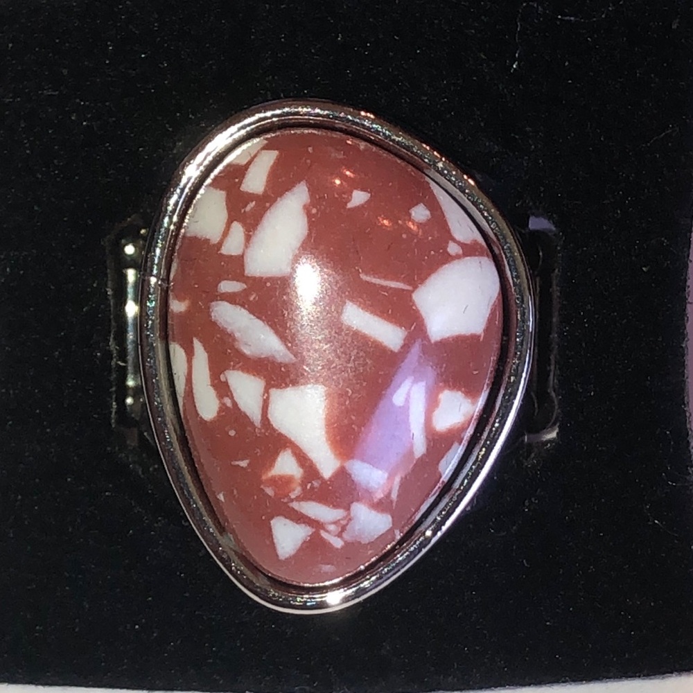 Silver Tone Brown and White Resin Teardrop Ring
